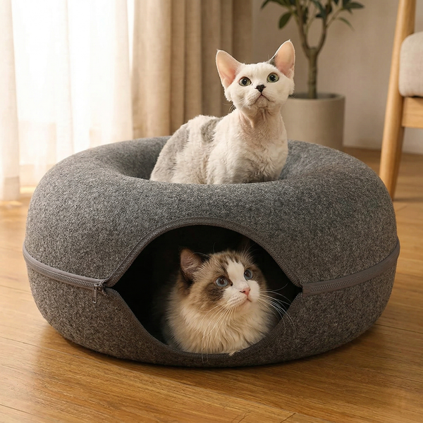 CozyPaws™ Cat Tunnel Bed - Natural Felt Donut Cave for 1-2 Cats