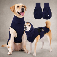 CozyPaws dog anxiety calming vest in navy blue on Labrador and Shiba Inu with noise-reducing hood and compression fit - Image 1