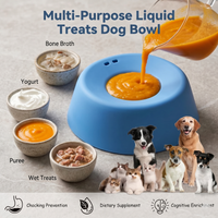 CozyPaws dog licking bowl infographic showing compatible liquid foods bone broth yogurt puree and wet treats for choking prevention and enrichment - Image 3