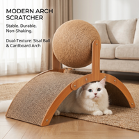 White cat resting underneath the CozyPaws cat scratching ball arch hideout with sisal ball and corrugated cardboard ramp in a modern living room - Image 6