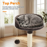 CozyPaws™ 112cm cat tree dark brown — close-up of wide soft plush top perch with orange tabby cat resting in lower perch, sisal scratching post and hanging pom-pom toy visible - Image 2