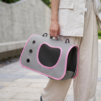 Pink soft-sided pet carrier bag being hand-carried outdoors, showing cat-ear mesh window and three metal ventilation grommets - Image 5