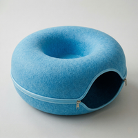 CozyPaws™ Cat Tunnel Bed blue – felt donut cat cave with arch tunnel entrance in sky blue
