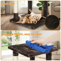 CozyPaws™ cat tree plush surface detail — Bengal cat rolling playfully on soft dark brown plush base platform, lower panel showing hand wiping plush surface clean with blue cloth - Image 6