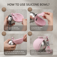 CozyPaws™ pink dog water bottle silicone bowl step-by-step — flip panel to form bowl, pull lid to pour, tilt to dispense water, press bowl back to secure — one-handed operation demonstrated on grey background - Image 5