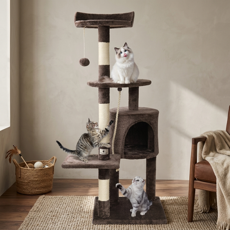 CozyPaws™ 112cm multi-level cat tree dark brown lifestyle — Ragdoll cat on upper perch, tabby cat scratching sisal post, Scottish Fold cat playing with hanging rope at base, colour swatches showing beige grey and dark brown options