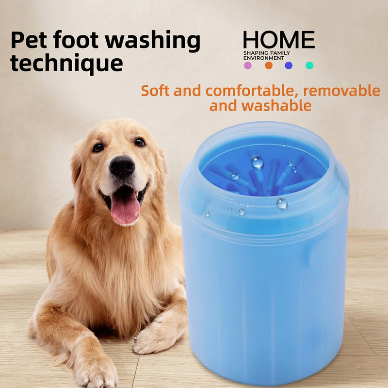 CozyPaws™ portable dog paw cleaner cup with 360° silicone bristles – blue, orange and green