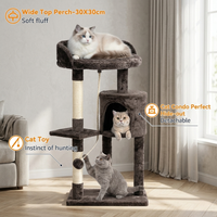CozyPaws™ cat tree feature overview — Ragdoll cat lying on 30×30cm wide plush top perch, white cat sitting inside detachable cat condo hideout, grey cat playing with hanging sisal rope toy - Image 4